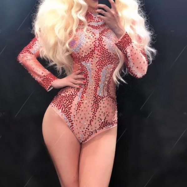 Red Gemstones Singers Gogo Dancers Stage Performance Bling Jumpsuits Nude Long Sleeved Leotards